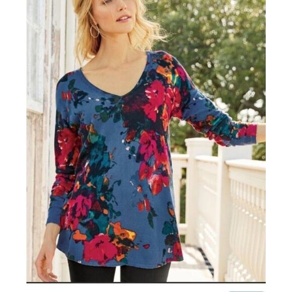 Soft Surroundings Tunic Sweater Womens Large Long Sleeve V Neck Floral Luxury - Picture 1 of 6